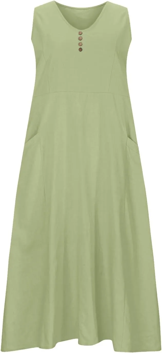 Summer Dresses for Women's 2025 Casual Cotton Linen Crewneck Sleeveless Sundress with Pocket Plus Size Boho Long Dress