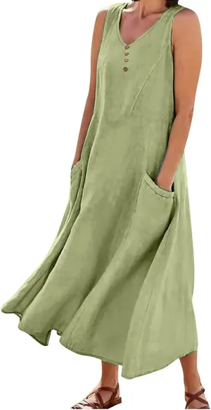 Summer Dresses for Women's 2025 Casual Cotton Linen Crewneck Sleeveless Sundress with Pocket Plus Size Boho Long Dress