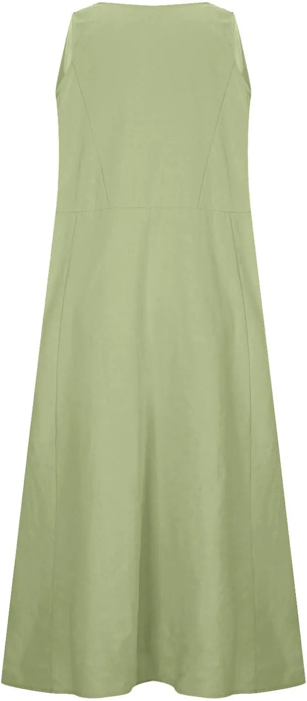 Summer Dresses for Women's 2025 Casual Cotton Linen Crewneck Sleeveless Sundress with Pocket Plus Size Boho Long Dress