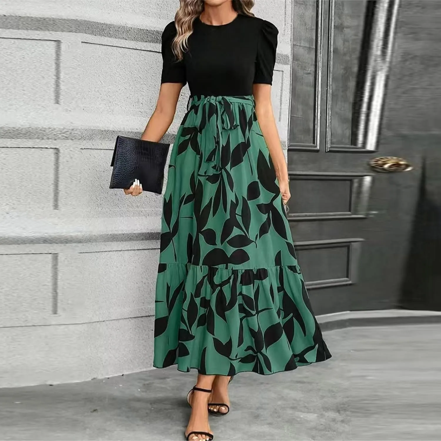 Summer Maxi Dresses for Women 2025 Elegant Short Sleeve Crewneck Floral Patchwork Tie Wasit Flowy Semi-Formal Dress,S-2XL