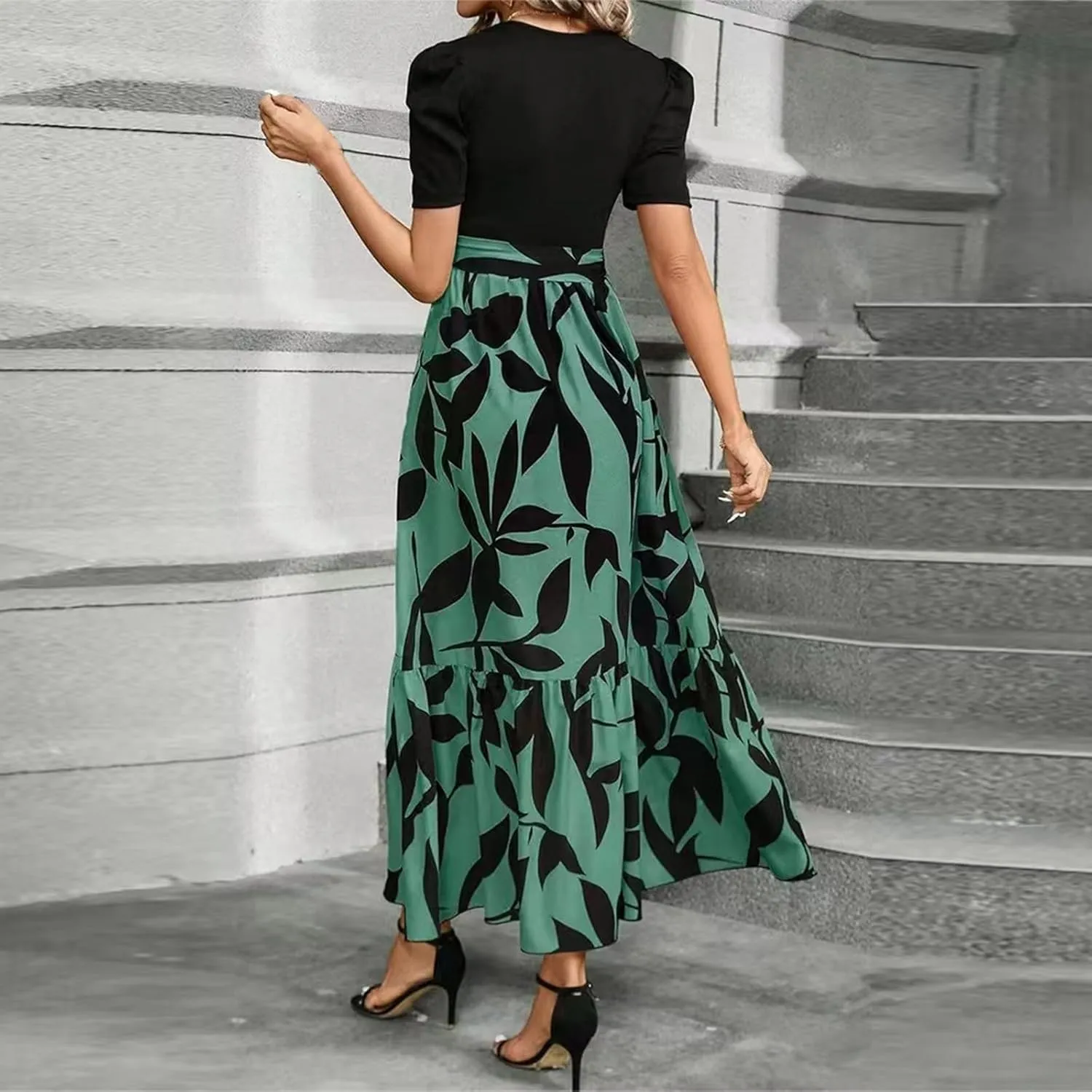 Summer Maxi Dresses for Women 2025 Elegant Short Sleeve Crewneck Floral Patchwork Tie Wasit Flowy Semi-Formal Dress,S-2XL