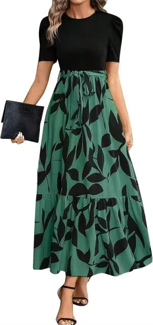 Summer Maxi Dresses for Women 2025 Elegant Short Sleeve Crewneck Floral Patchwork Tie Wasit Flowy Semi-Formal Dress,S-2XL