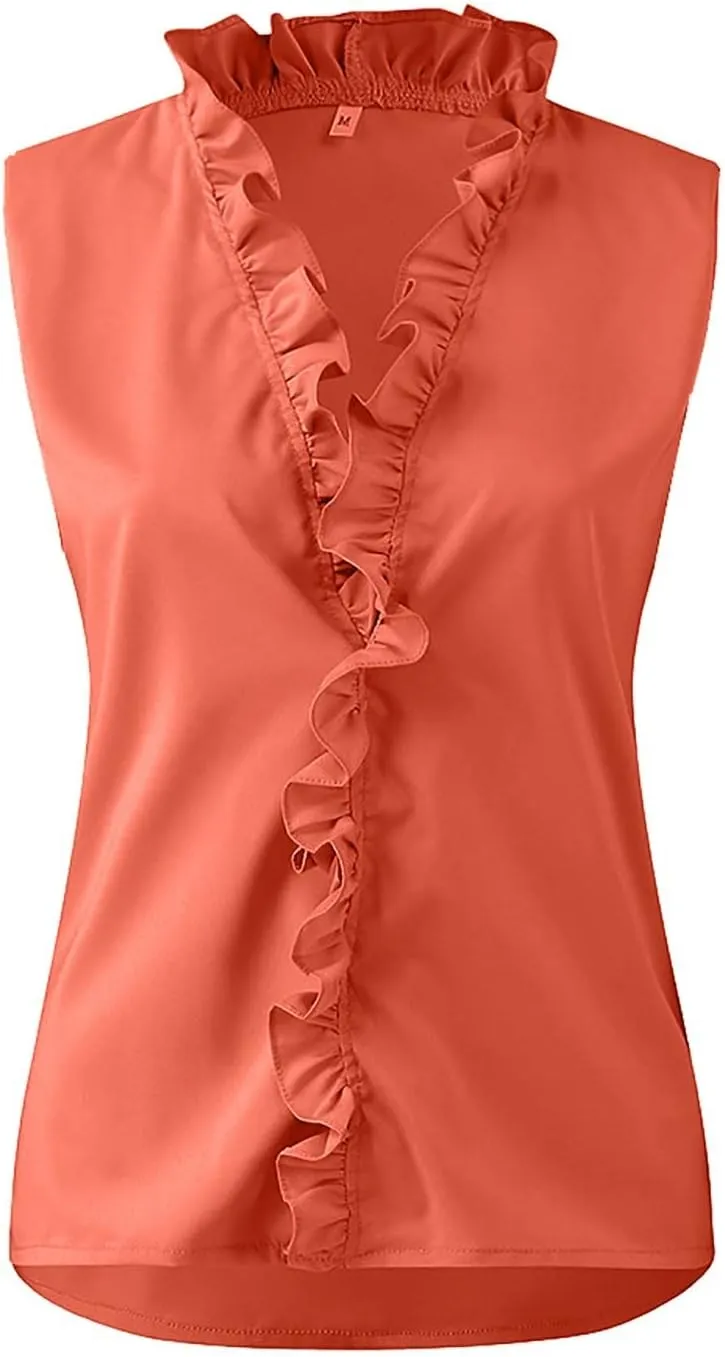 Summer Shirts for Women,Fashion Solid Loose-fit Blouse Elegant Ruffle V-Neck T-Shirt Business Casual Top for Work