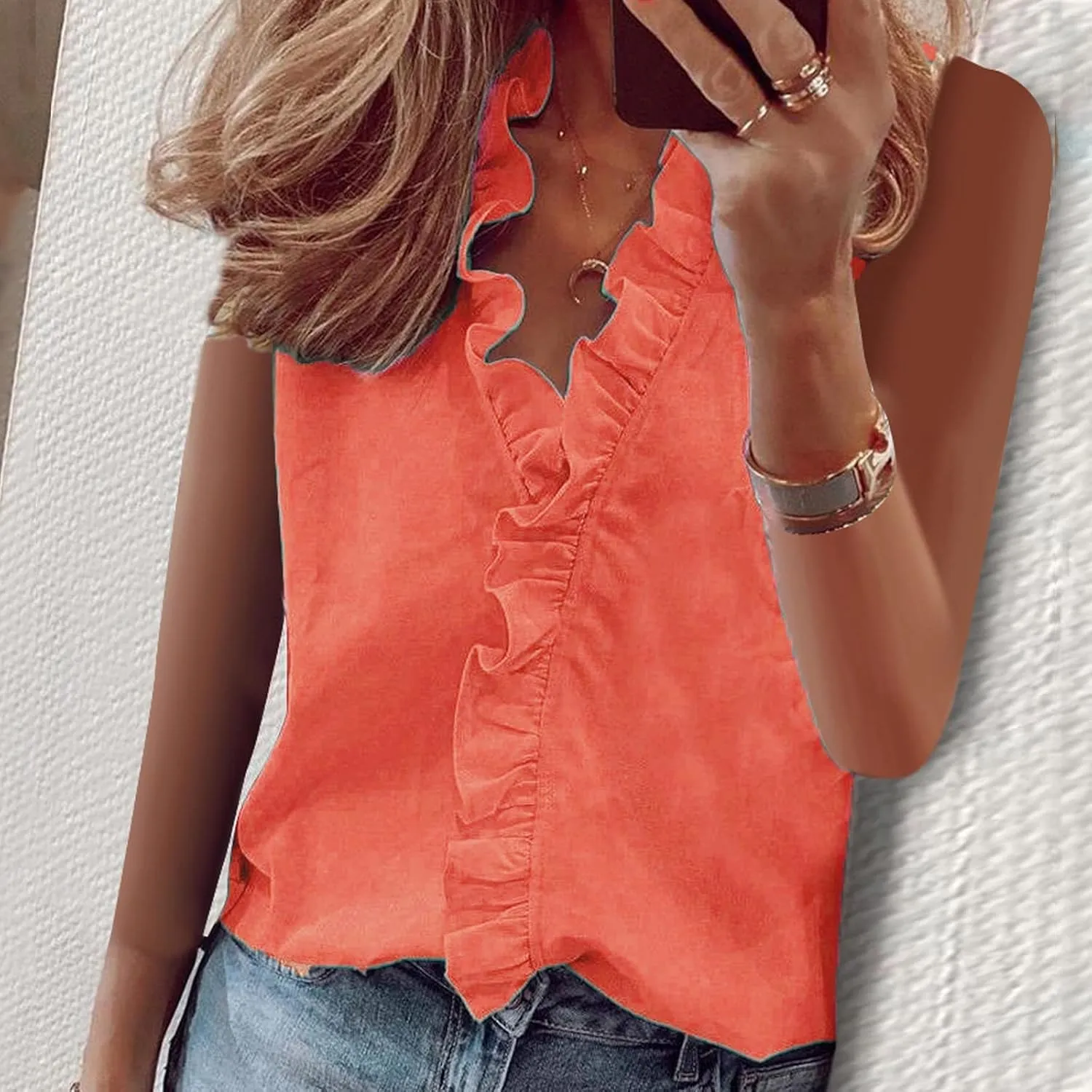 Summer Shirts for Women,Fashion Solid Loose-fit Blouse Elegant Ruffle V-Neck T-Shirt Business Casual Top for Work