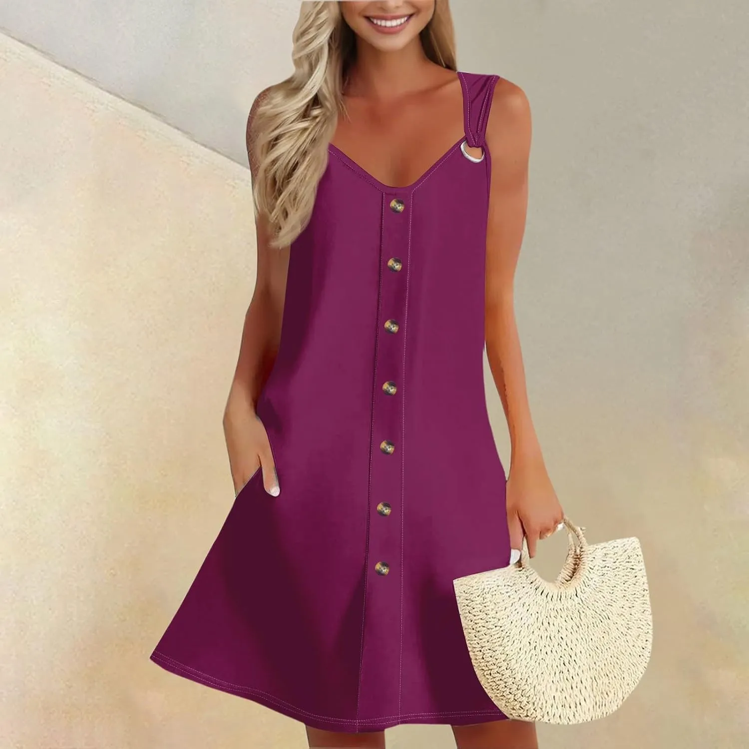 Sundress for Women Sleeveless Tank Dresses 2025 Vacation Plus Size Casual Button V Neck Boho Floral Beach Dress