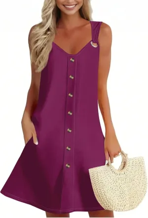 Sundress for Women Sleeveless Tank Dresses 2025 Vacation Plus Size Casual Button V Neck Boho Floral Beach Dress