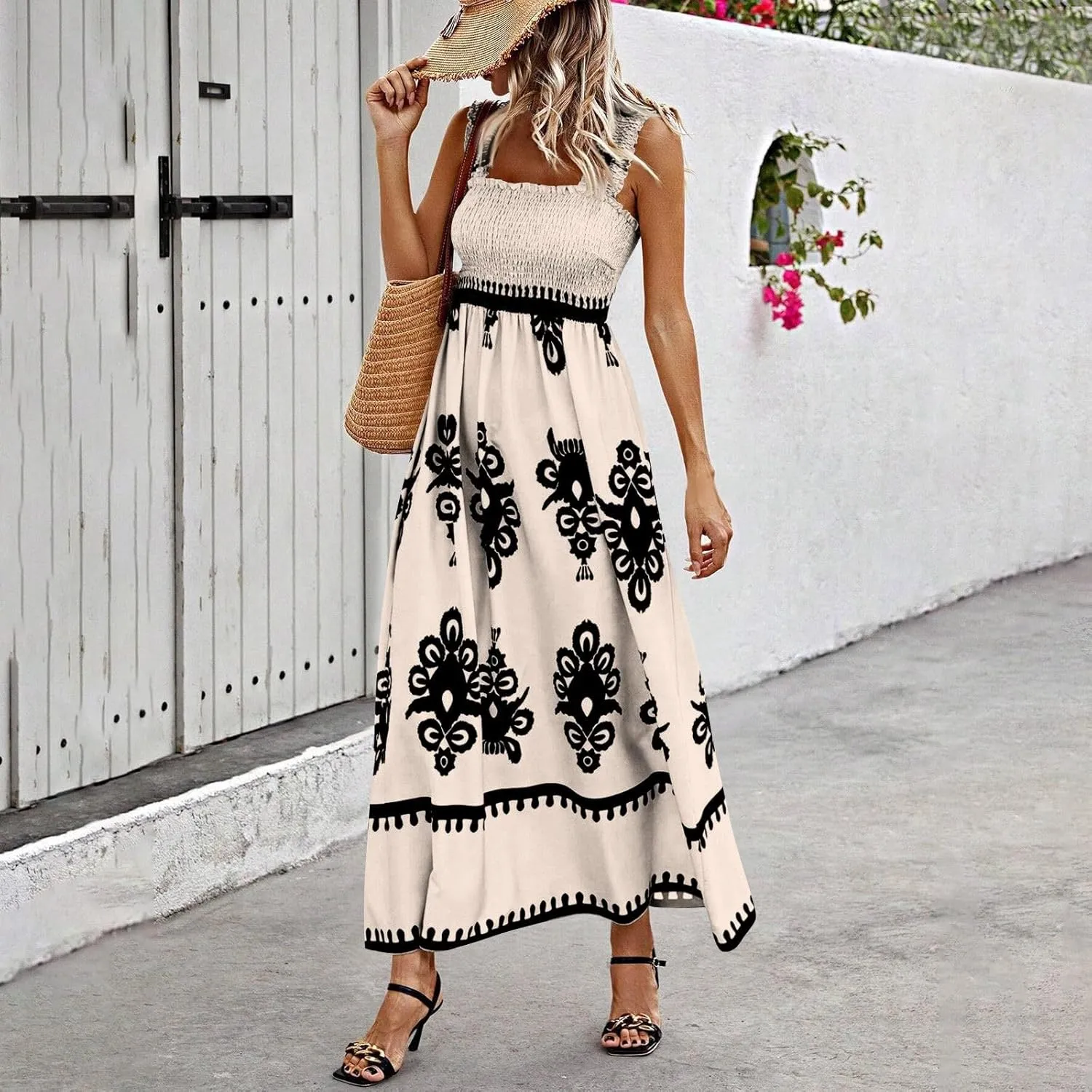 Sundresses for Women,2025 Summer Trendy Floral Smocked Maxi Dress,Sleeveless Square Neck Flowy Boho Vacation Dress