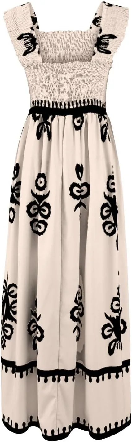 Sundresses for Women,2025 Summer Trendy Floral Smocked Maxi Dress,Sleeveless Square Neck Flowy Boho Vacation Dress