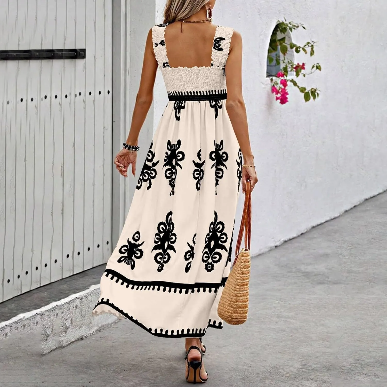Sundresses for Women,2025 Summer Trendy Floral Smocked Maxi Dress,Sleeveless Square Neck Flowy Boho Vacation Dress
