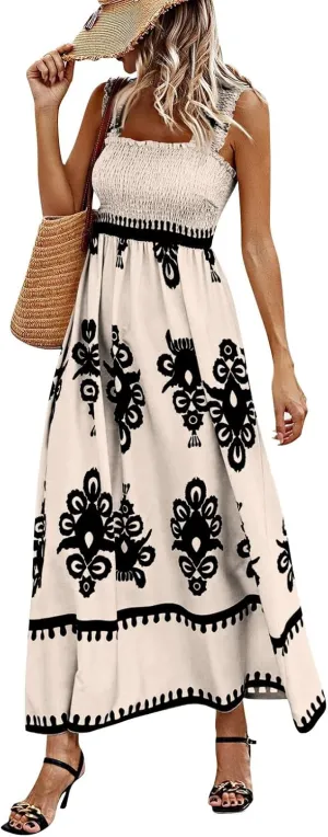 Sundresses for Women,2025 Summer Trendy Floral Smocked Maxi Dress,Sleeveless Square Neck Flowy Boho Vacation Dress
