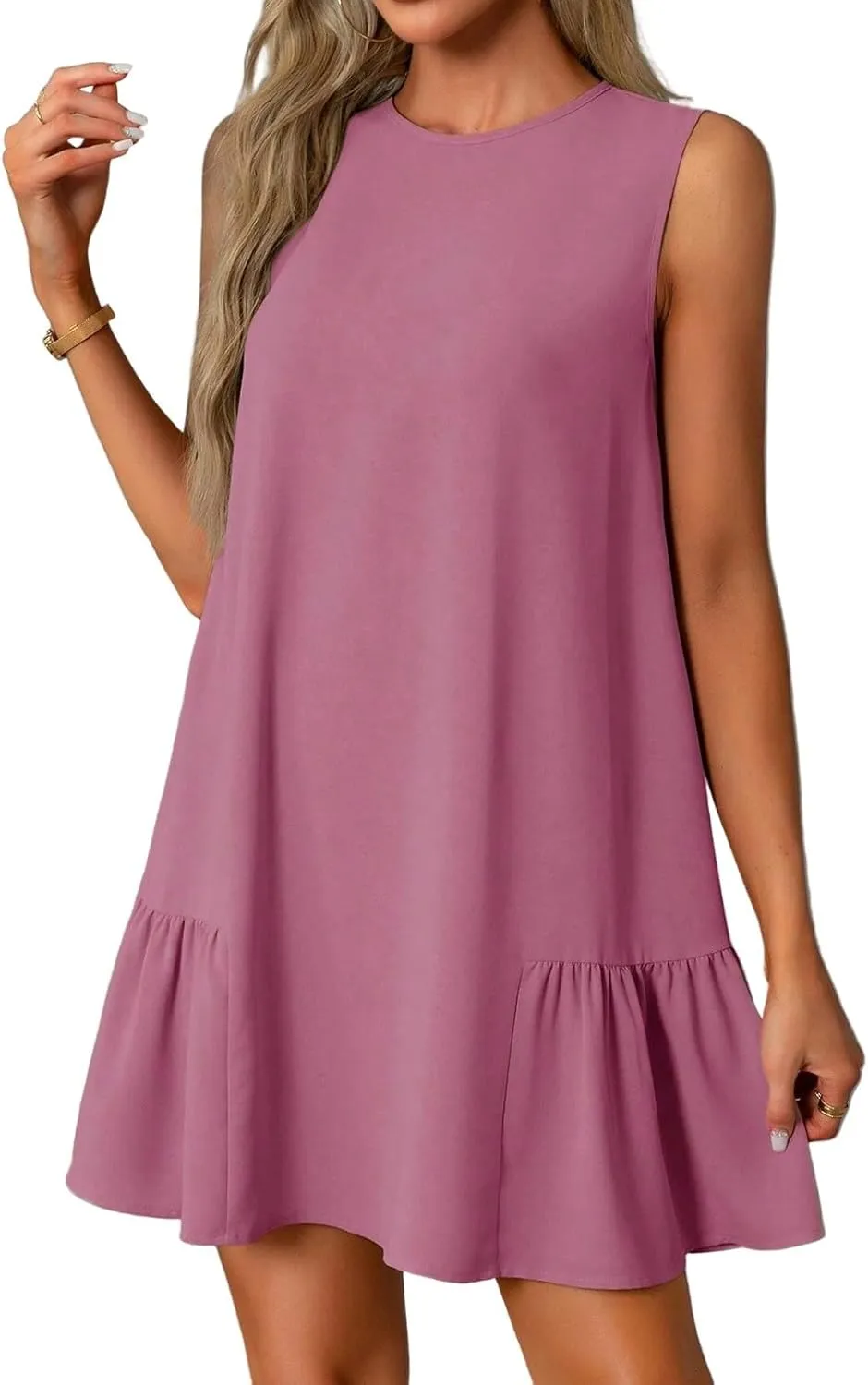 Tshirt Dress Women Summer Sleeveless Ruffle Hem Mini Dress Casual Crewneck T Shirt Dresses Plain Sundresses 2025