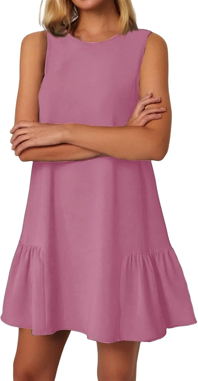 Tshirt Dress Women Summer Sleeveless Ruffle Hem Mini Dress Casual Crewneck T Shirt Dresses Plain Sundresses 2025