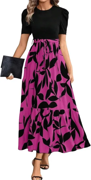 TWGONE Summer Dresses for Women Short Sleeve Casual Long Maxi Dress Floral Print Flowy Dresses with Belt