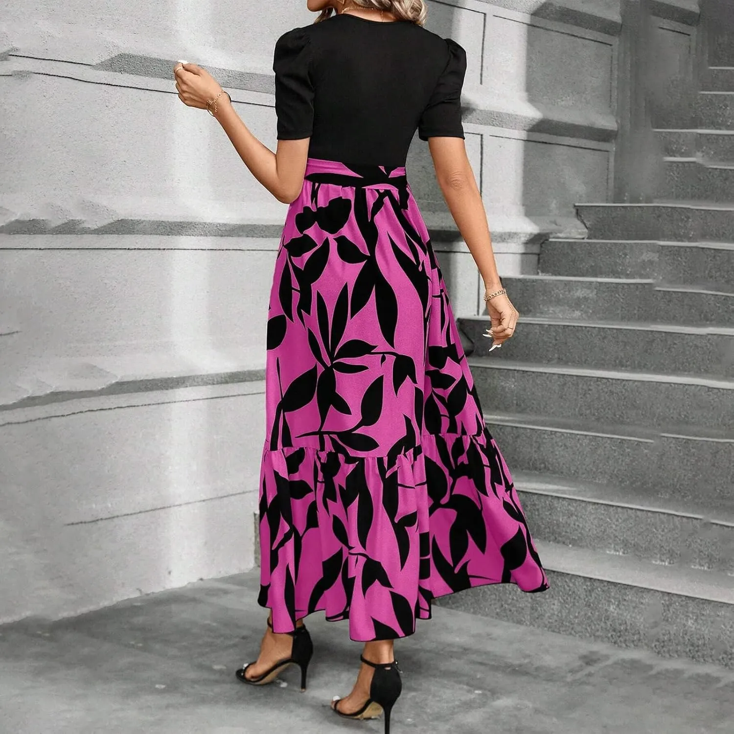 TWGONE Summer Dresses for Women Short Sleeve Casual Long Maxi Dress Floral Print Flowy Dresses with Belt