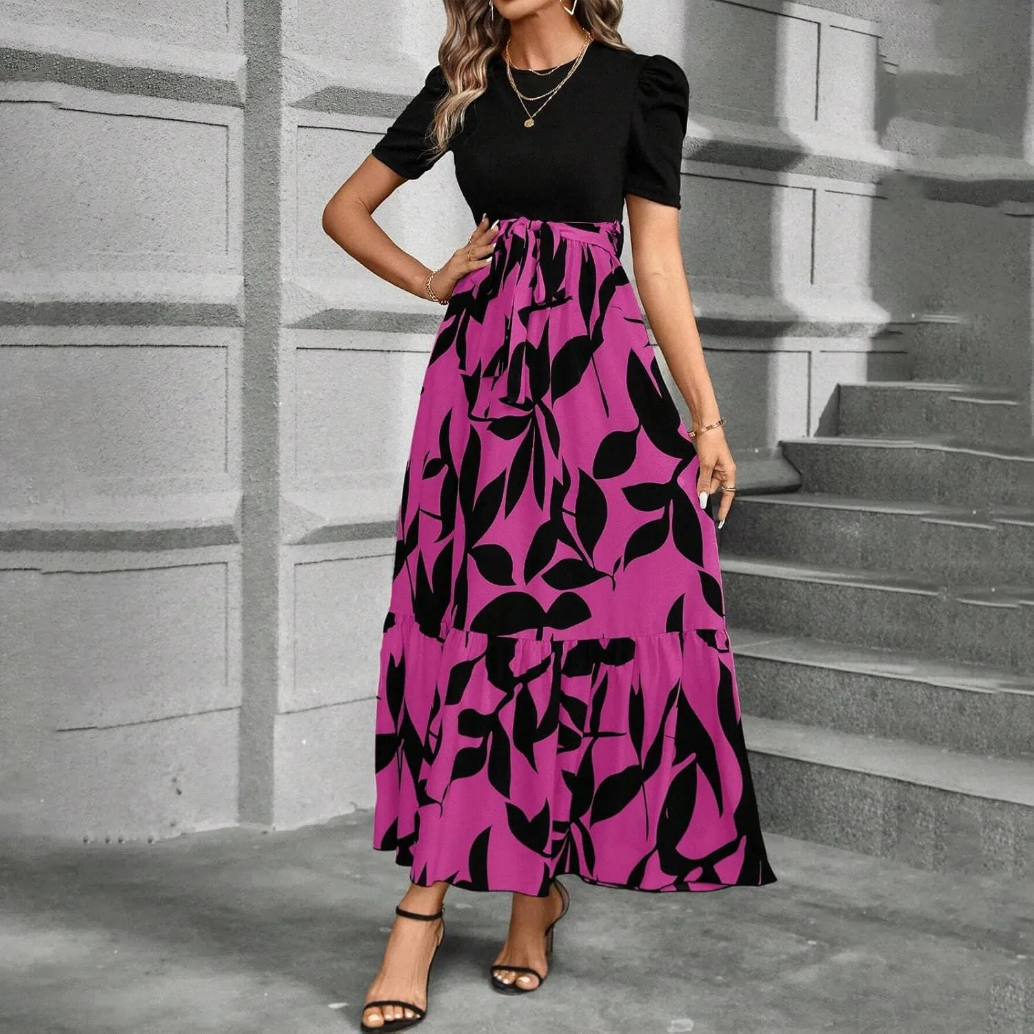 TWGONE Summer Dresses for Women Short Sleeve Casual Long Maxi Dress Floral Print Flowy Dresses with Belt