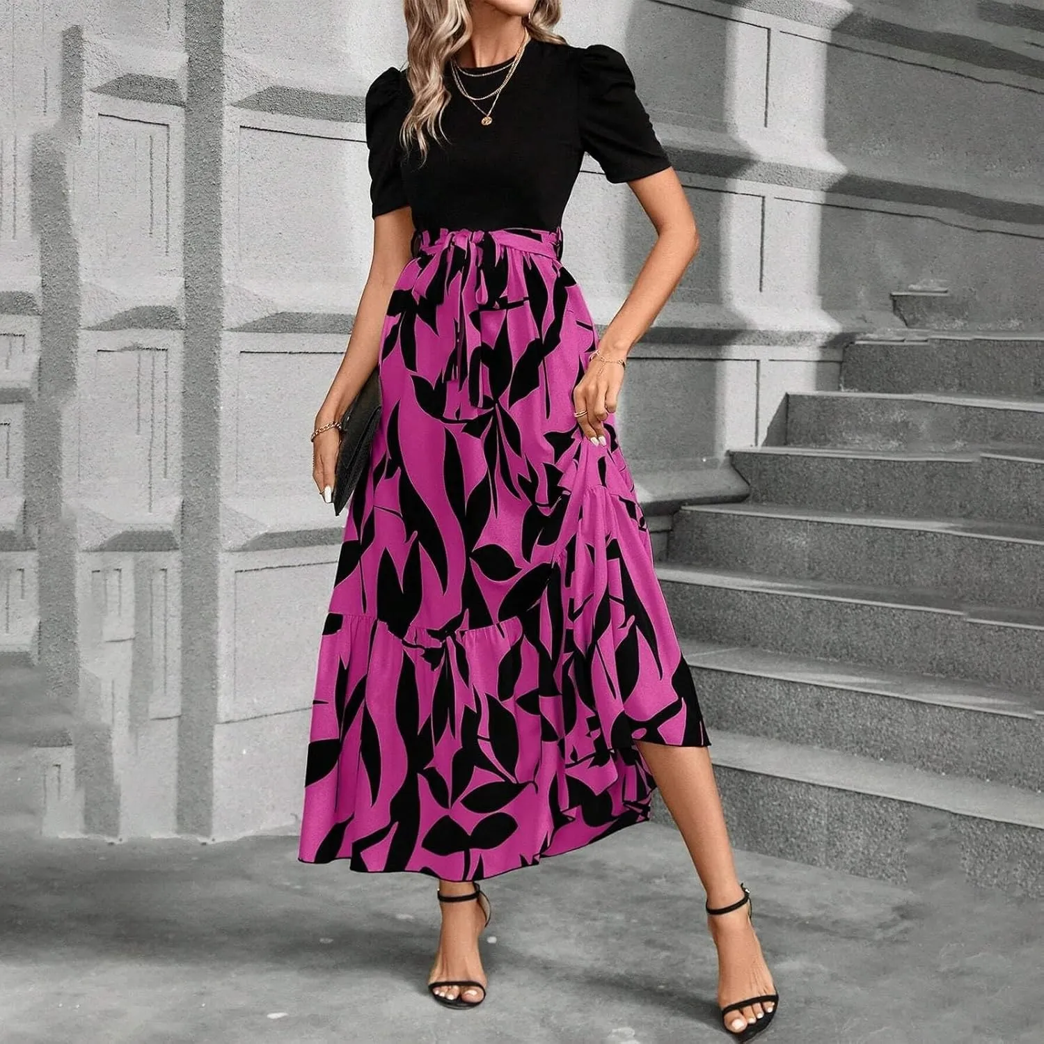 TWGONE Summer Dresses for Women Short Sleeve Casual Long Maxi Dress Floral Print Flowy Dresses with Belt