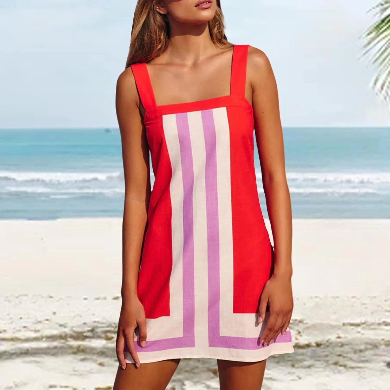 Vacation Dresses for Women 2025 Striped Mini Dresses Square Neck Strap Sleeveless Dress Color Block Cover Up Dress