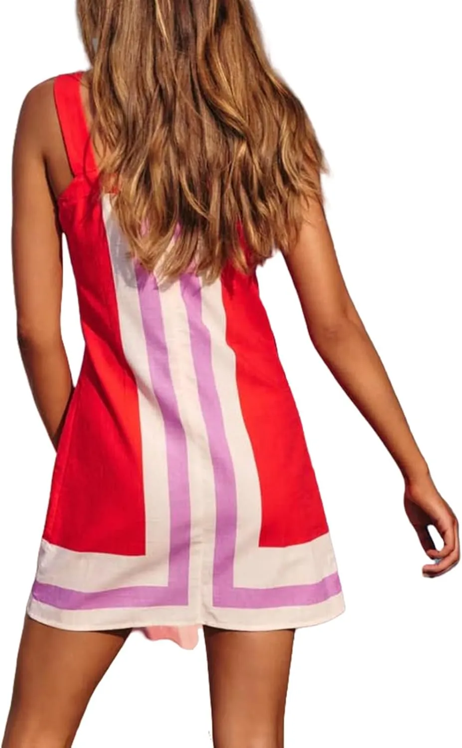 Vacation Dresses for Women 2025 Striped Mini Dresses Square Neck Strap Sleeveless Dress Color Block Cover Up Dress