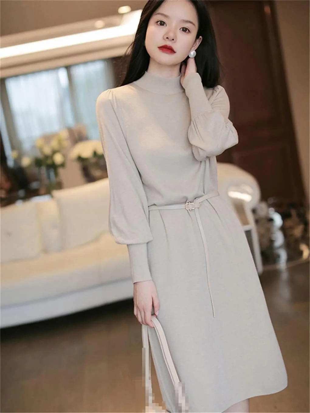 Vintage Female Black Knitted Sweater Dresses for Women Ladies Turtleneck Long Sleeve Midi Vestidos Autumn Winter