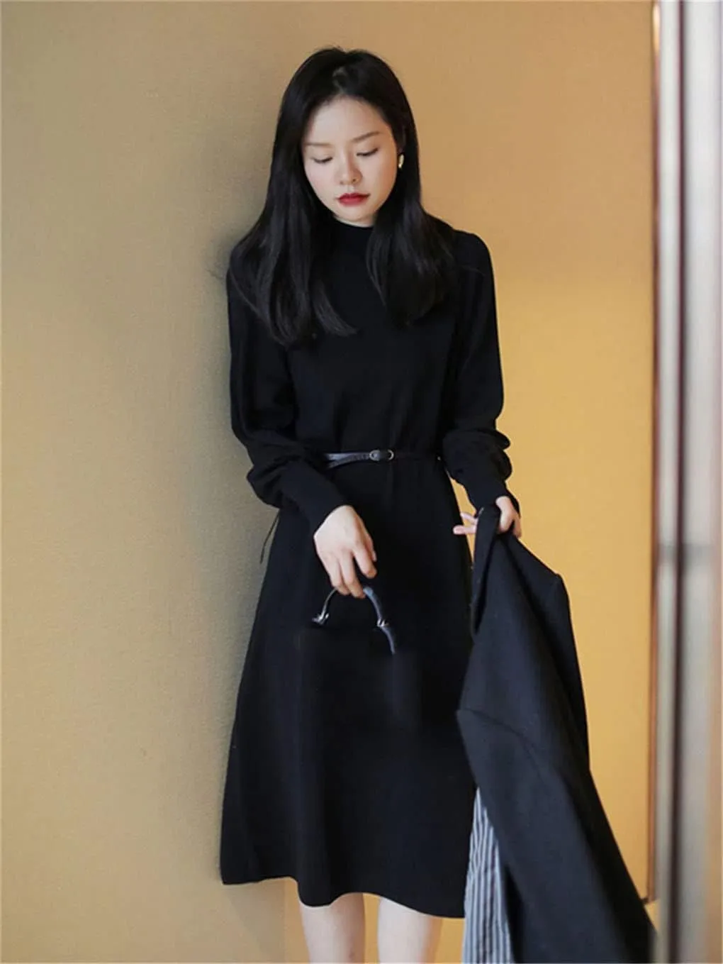 Vintage Female Black Knitted Sweater Dresses for Women Ladies Turtleneck Long Sleeve Midi Vestidos Autumn Winter