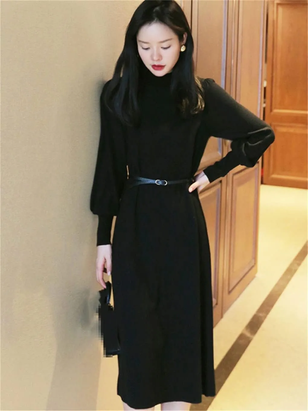 Vintage Female Black Knitted Sweater Dresses for Women Ladies Turtleneck Long Sleeve Midi Vestidos Autumn Winter