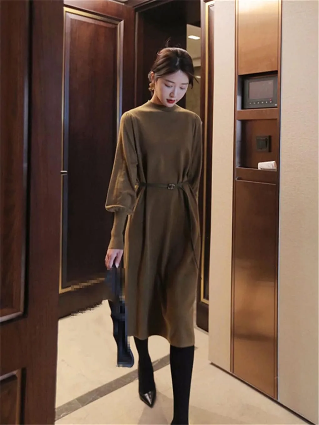 Vintage Female Black Knitted Sweater Dresses for Women Ladies Turtleneck Long Sleeve Midi Vestidos Autumn Winter