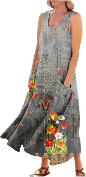 Women 2024 Summer Tank Dress Sleeveless U Neck Printed/Solid Boho Beach Shirt Maxi Flowy Linen Cotton Dresses with Pocket