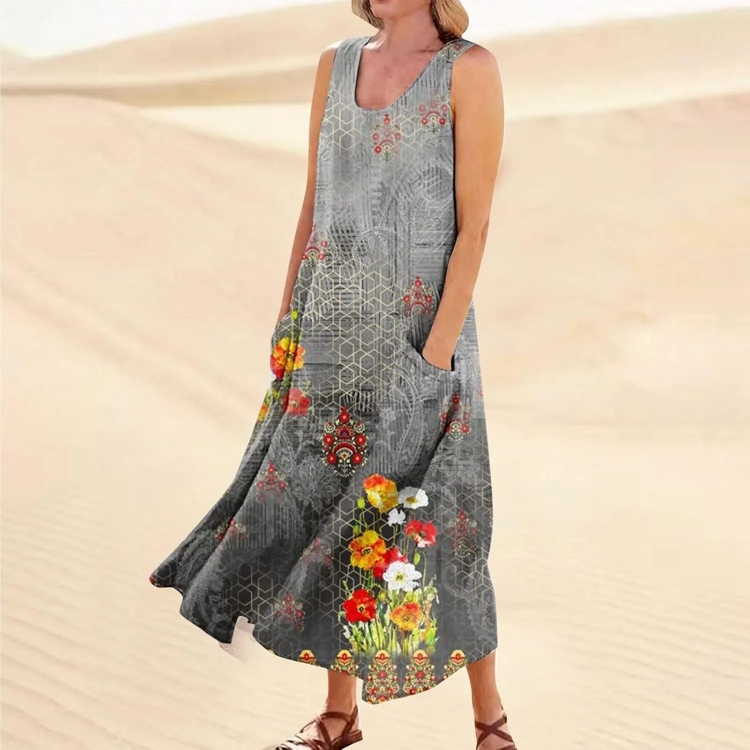 Women 2024 Summer Tank Dress Sleeveless U Neck Printed/Solid Boho Beach Shirt Maxi Flowy Linen Cotton Dresses with Pocket