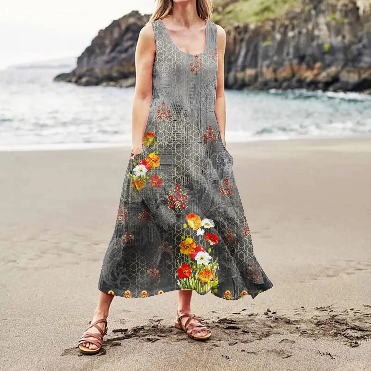 Women 2024 Summer Tank Dress Sleeveless U Neck Printed/Solid Boho Beach Shirt Maxi Flowy Linen Cotton Dresses with Pocket