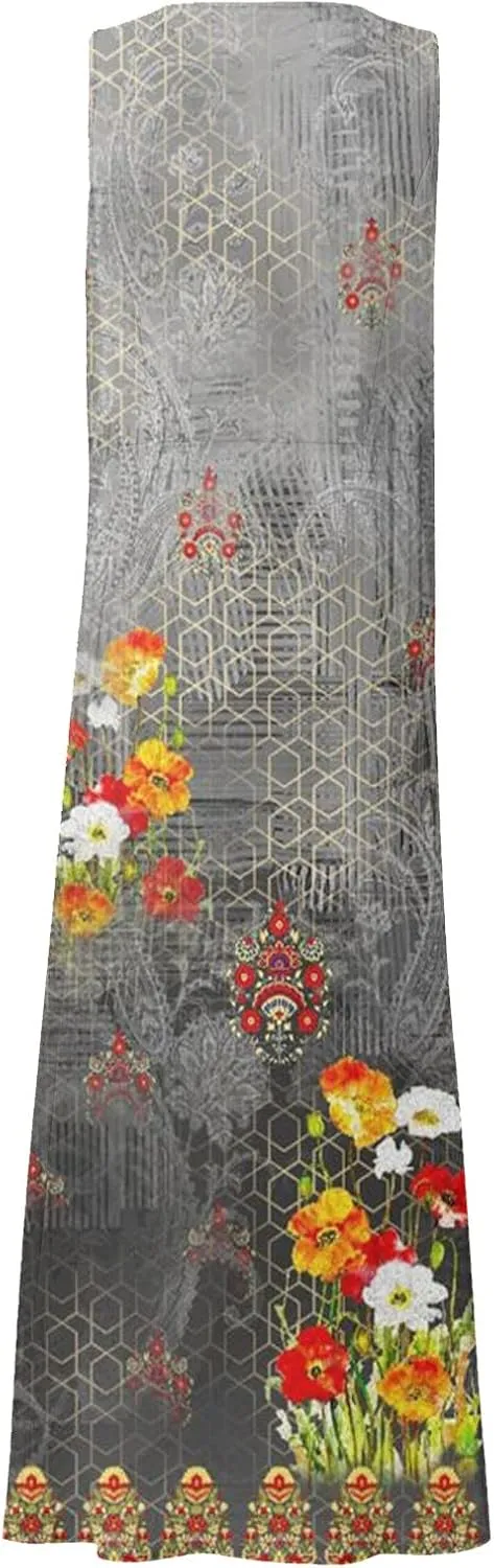 Women 2024 Summer Tank Dress Sleeveless U Neck Printed/Solid Boho Beach Shirt Maxi Flowy Linen Cotton Dresses with Pocket