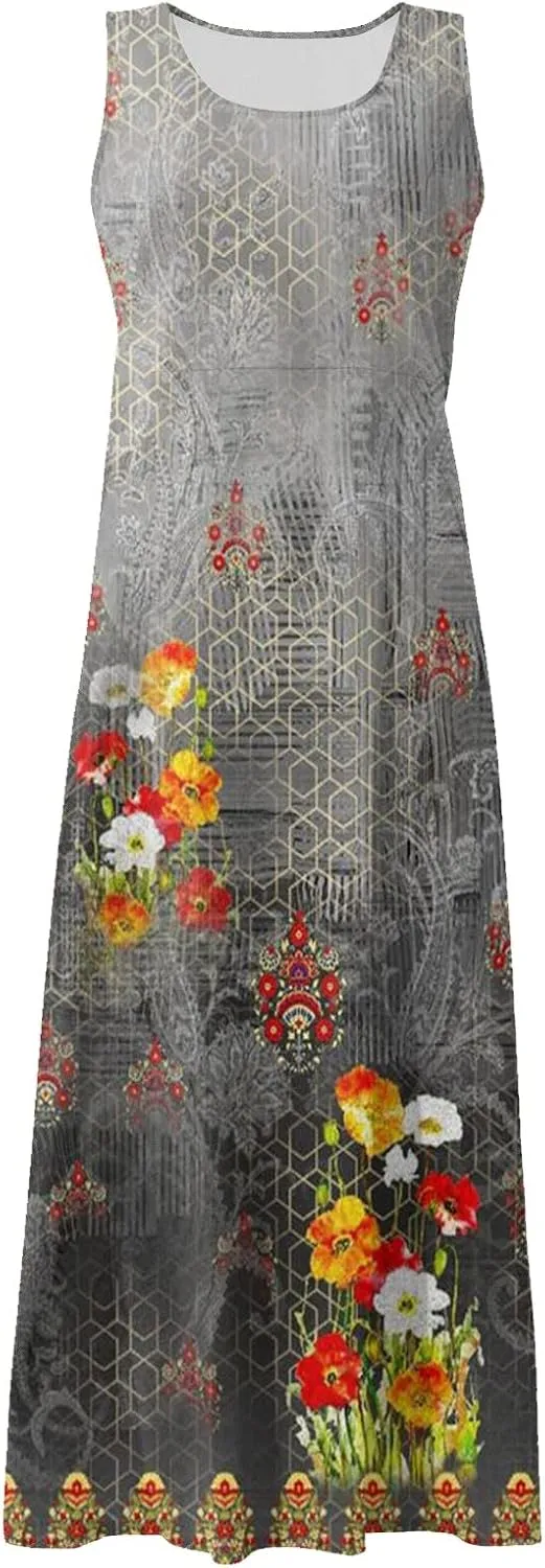 Women 2024 Summer Tank Dress Sleeveless U Neck Printed/Solid Boho Beach Shirt Maxi Flowy Linen Cotton Dresses with Pocket