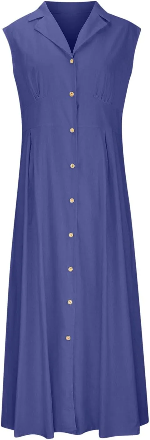 Women Casual Cotton Linen Shirt Dress Summer Sleeveless Button Down A Line Dress V Neck Work Collared Flowy Sundress