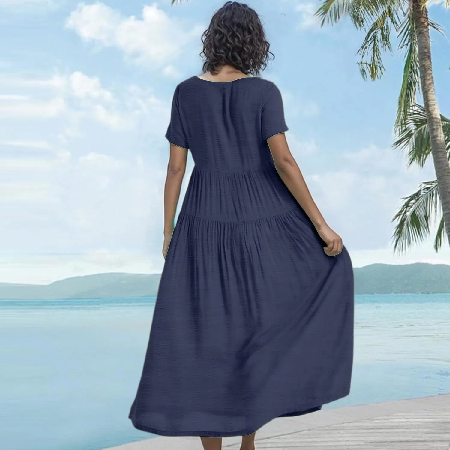 Women Casual Plus Size Loose Bohemian Floral Maternity Dress Short Sleeve Long Boho Maxi Spring Dress