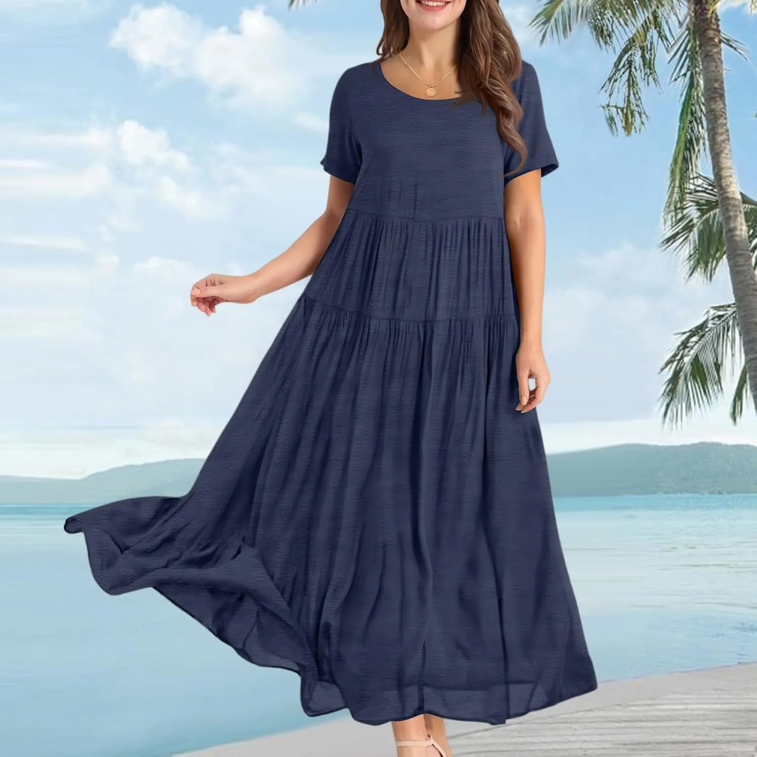Women Casual Plus Size Loose Bohemian Floral Maternity Dress Short Sleeve Long Boho Maxi Spring Dress