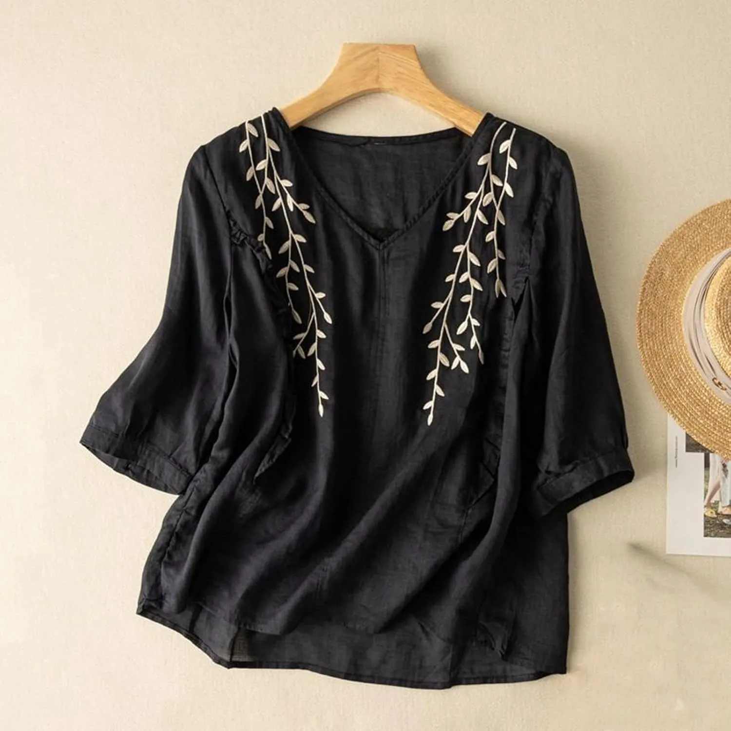 Women Cotton Linen Tops Vintage Floral Embroidered Gauze Shirts Summer Casual 3/4 Sleeve V Neck Baggy Boho Blouse