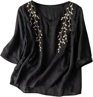 Women Cotton Linen Tops Vintage Floral Embroidered Gauze Shirts Summer Casual 3/4 Sleeve V Neck Baggy Boho Blouse