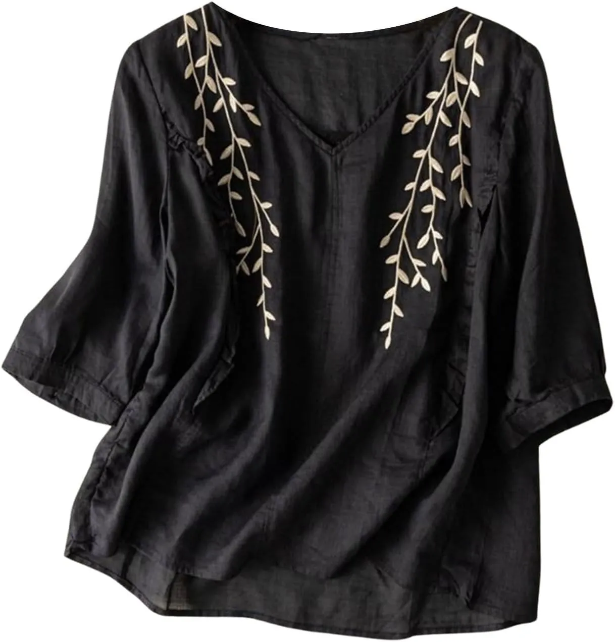 Women Cotton Linen Tops Vintage Floral Embroidered Gauze Shirts Summer Casual 3/4 Sleeve V Neck Baggy Boho Blouse
