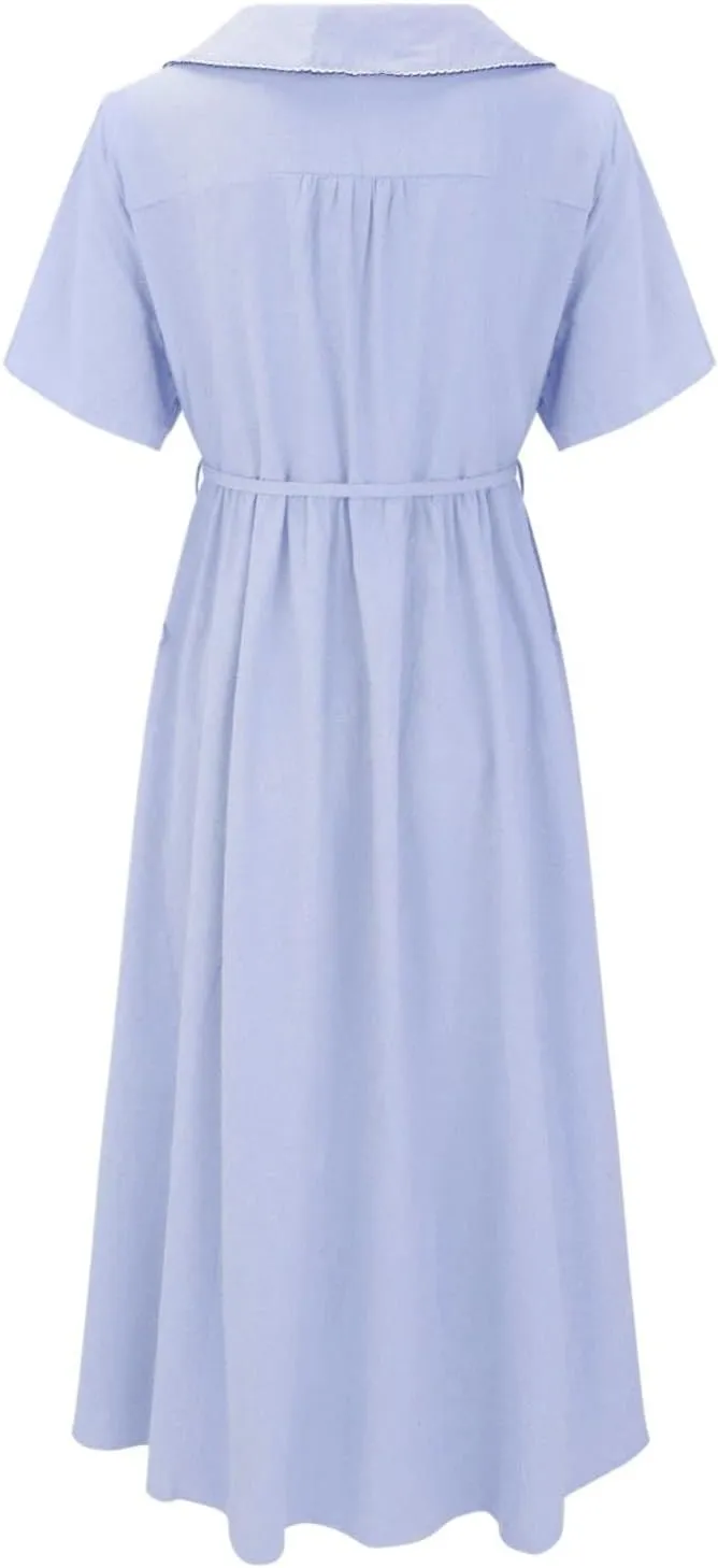 Women Korean Style Dresses Lace-Up Waist-Defined Henley Shirt Midi Dress Summer Half Sleeve Trendy A-Line Dress