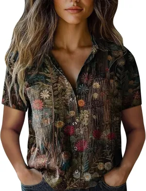 Women Linen Shirts Button Down Vintage Boho Paisley Print Breathable V Neck Collared Gauze Tops Fashion Lightweight 2025