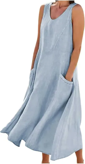 Women Linen Sundress 2025 Summer Maxi Dress with Pockets Sleeveless V Neck Sundresses Loose Lounge Dress Cruisewear