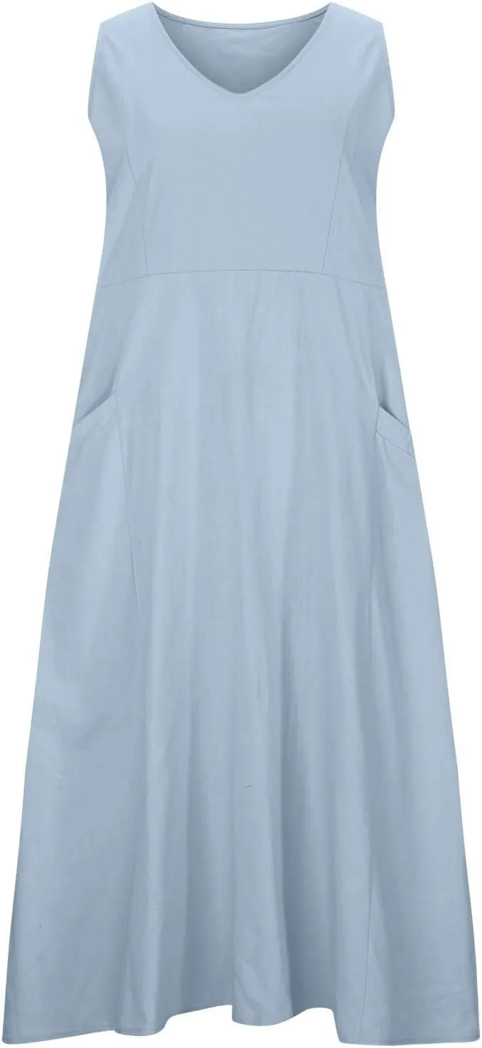 Women Linen Sundress 2025 Summer Maxi Dress with Pockets Sleeveless V Neck Sundresses Loose Lounge Dress Cruisewear