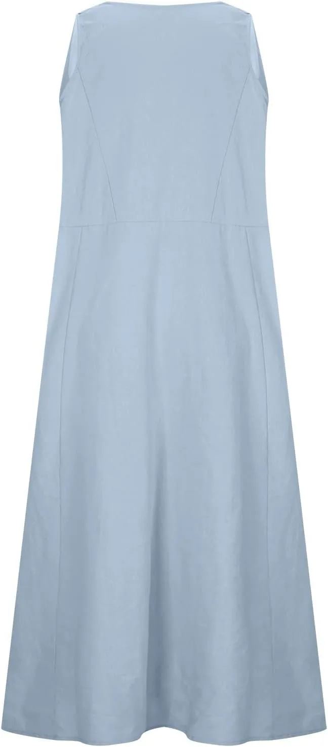 Women Linen Sundress 2025 Summer Maxi Dress with Pockets Sleeveless V Neck Sundresses Loose Lounge Dress Cruisewear
