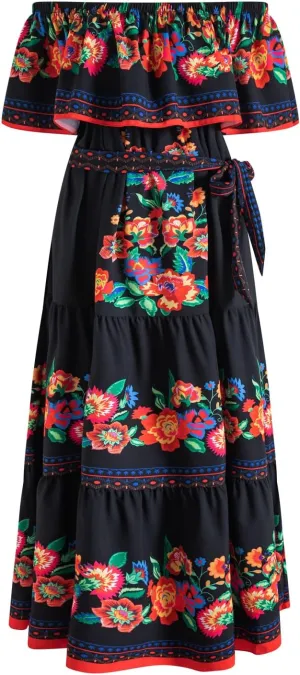 Women Mexican Dress Off Shoulder Floral Long Maxi Dress Cinco de Mayo Dresses with Belt
