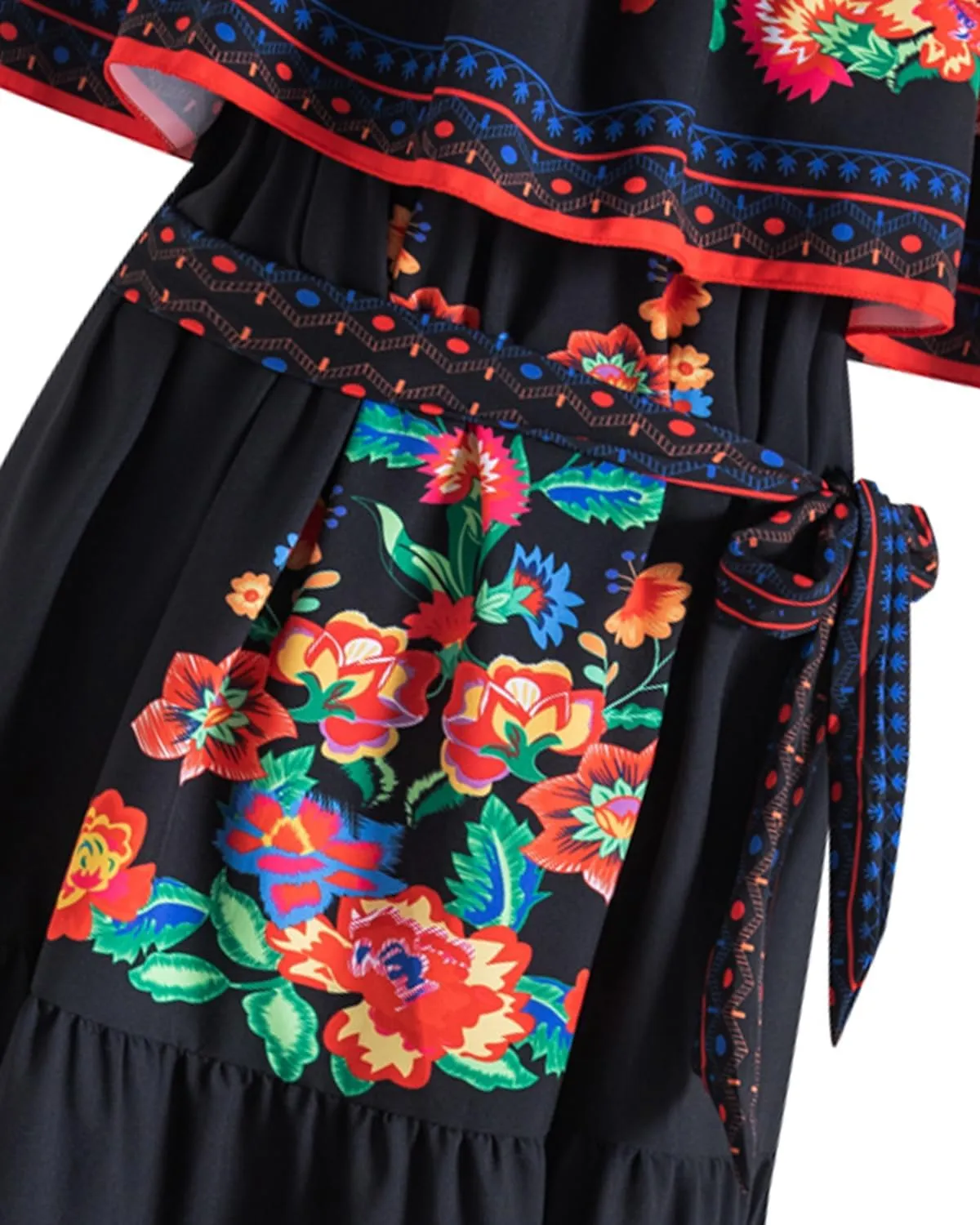 Women Mexican Dress Off Shoulder Floral Long Maxi Dress Cinco de Mayo Dresses with Belt