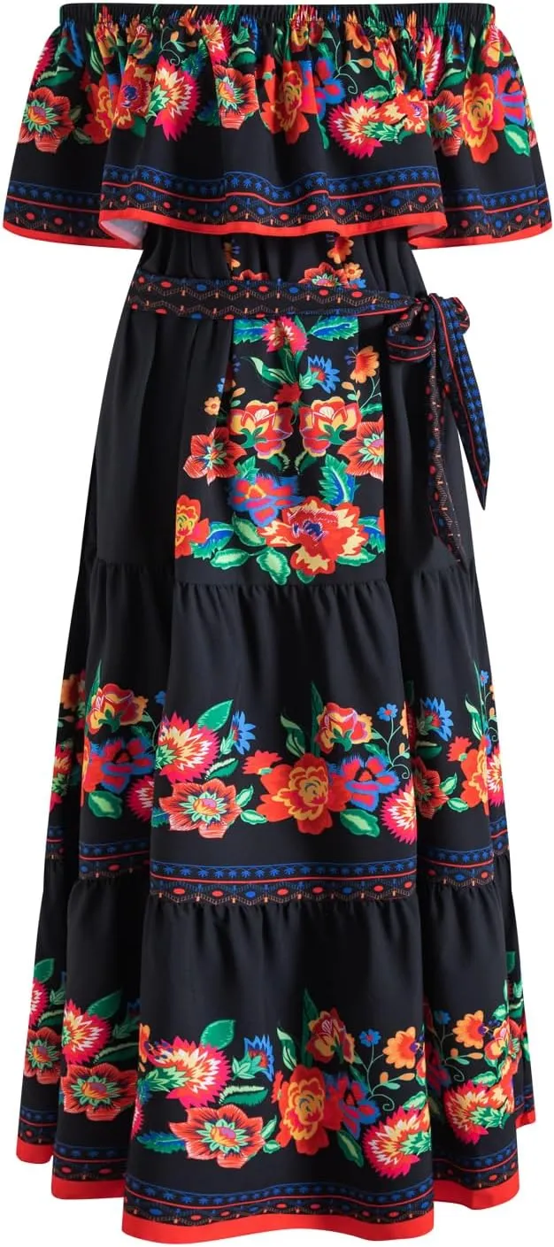 Women Mexican Dress Off Shoulder Floral Long Maxi Dress Cinco de Mayo Dresses with Belt