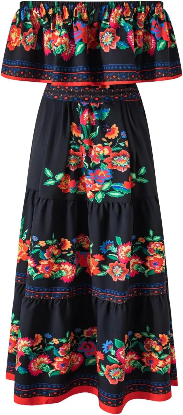 Women Mexican Dress Off Shoulder Floral Long Maxi Dress Cinco de Mayo Dresses with Belt