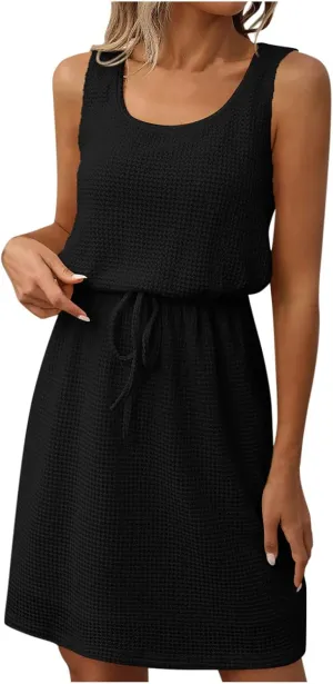 Women Summer Midi Dresses Drawstring Tie Up Elastic Hollow Out Eyelet Slim Elegant Vacation Shift Tank Dress
