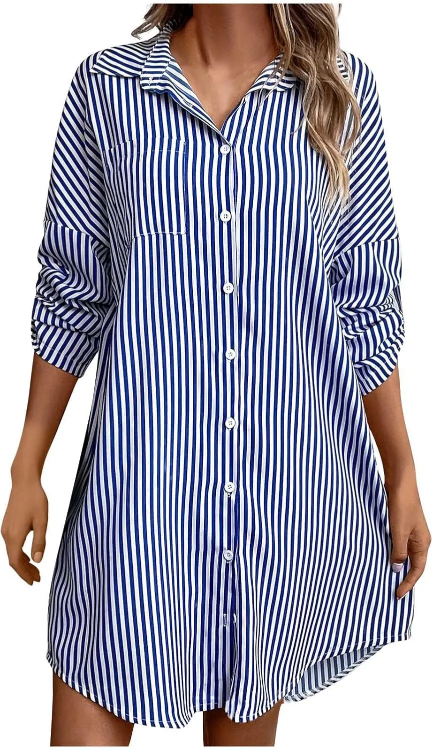 Women Trendy Summer Striped Dress Lapel Neck Long Sleeve Dress Button Loose Fit Midi Dress Casual Everyday Dress