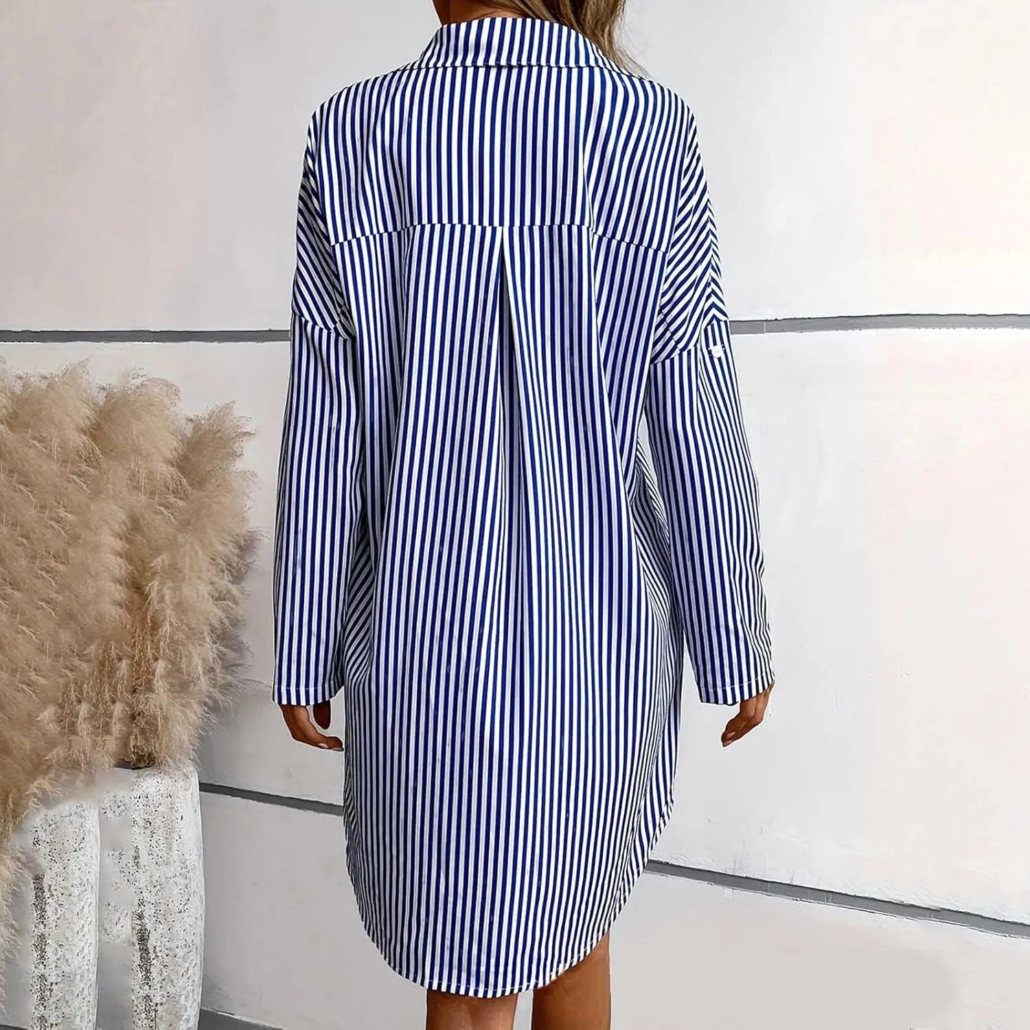 Women Trendy Summer Striped Dress Lapel Neck Long Sleeve Dress Button Loose Fit Midi Dress Casual Everyday Dress
