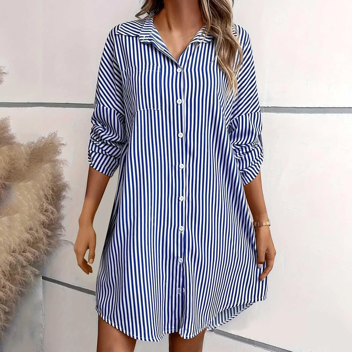 Women Trendy Summer Striped Dress Lapel Neck Long Sleeve Dress Button Loose Fit Midi Dress Casual Everyday Dress